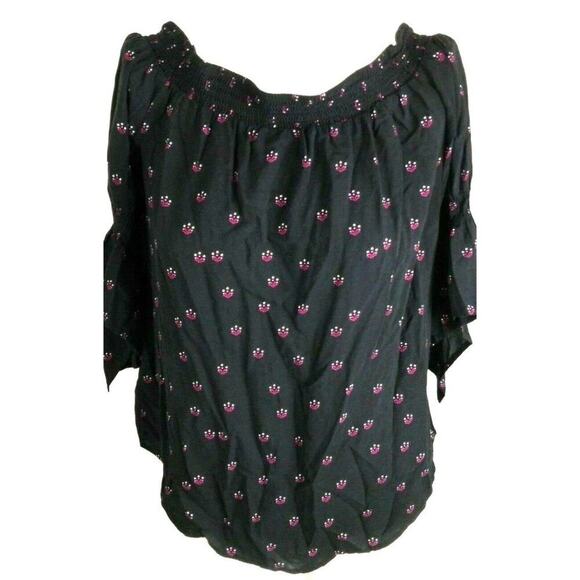 EXPRESS Women's Black/Pink Elastic‎ Cold Shoulder Flared Half Sleeve Blouse Sz S - Picture 4 of 9